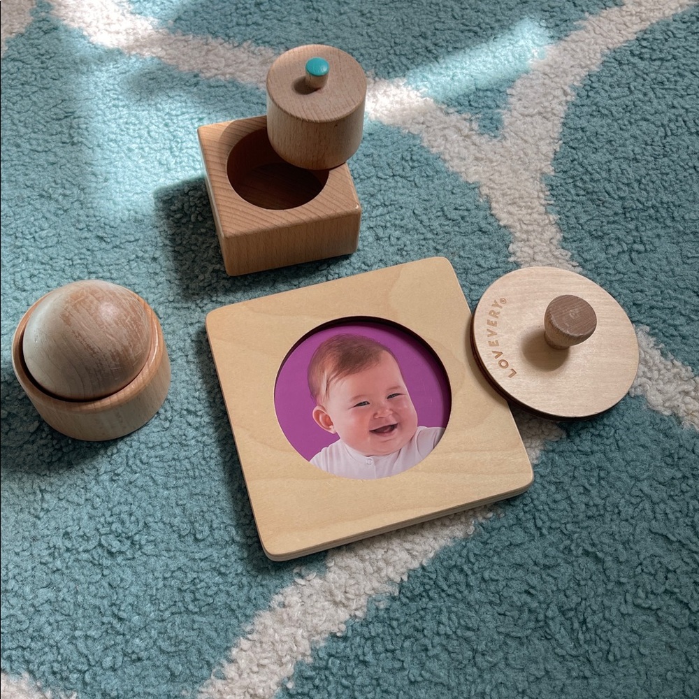 Natural Wooden Peek-a-Boo Frame, Pincer Puzzle, and Egg Rattle Toys